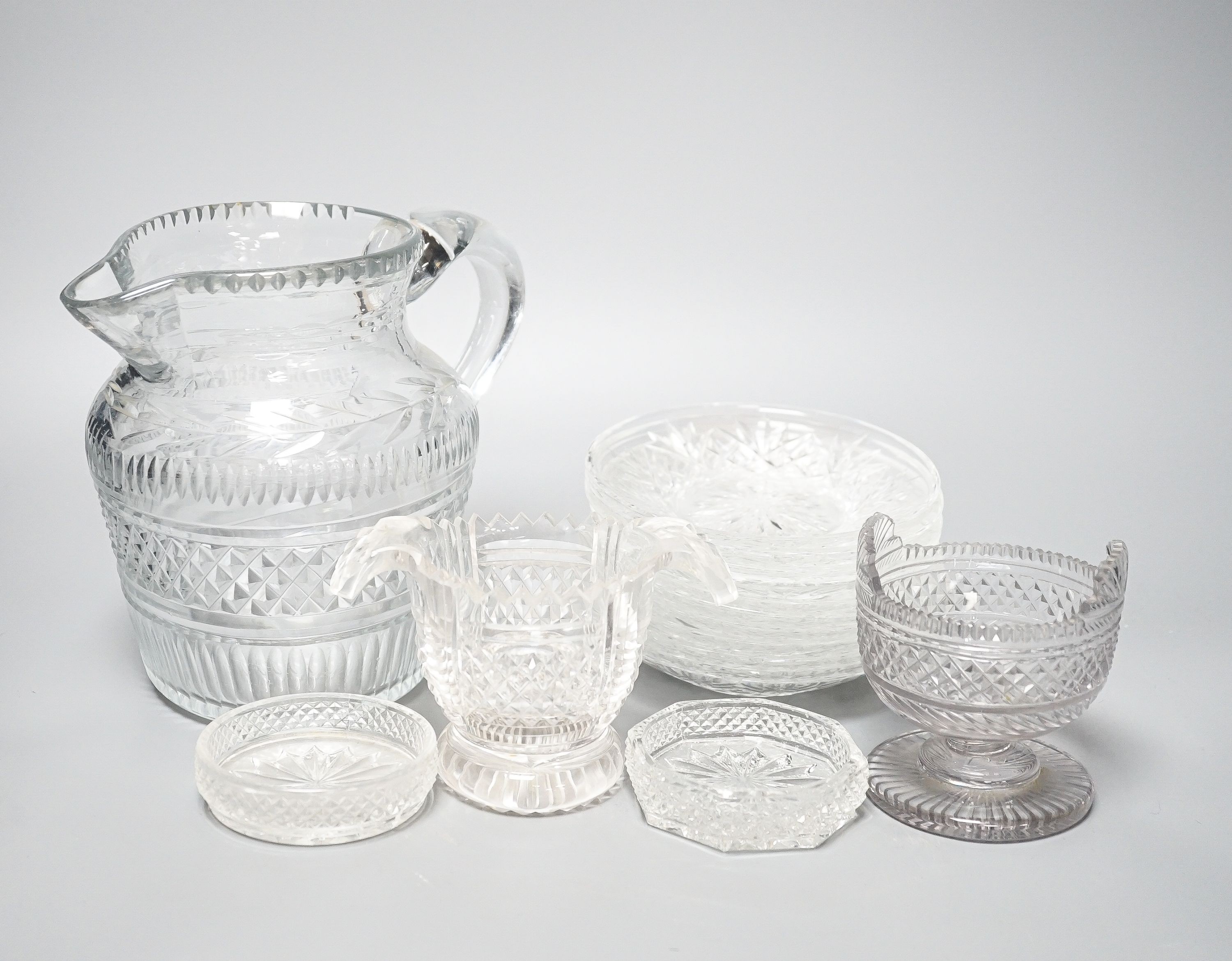 19th century and later deep cut glassware, including a set of six rinsers with turnover handles, 8cm high